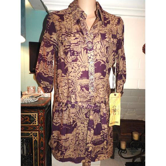 VINTAGE NWT Y2K DA-NANG PURPLE COTTON PRINT SHIRTDRESS W/ SELF BELT XS - Picture 1 of 5